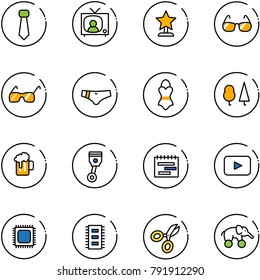 line vector icon set - tie vector, tv news, award, sunglasses, swimsuit, forest, beer, piston, terms plan, playback, cpu, chip, scissors, elephant wheel