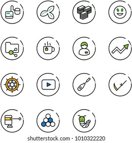 line vector icon set - tonometer vector, three leafs, big cash, dollar smile, shared folder, hot tea, manager, growth arrow, hand wheel, playback, chisel, scythe, laser lever, billiards balls