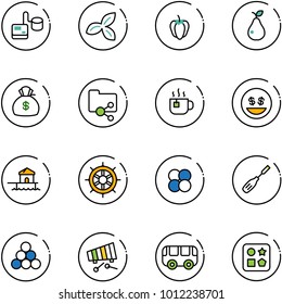 line vector icon set - tonometer vector, three leafs, sweet pepper, pear, money bag, shared folder, hot tea, smile, bungalow, hand wheel, atom core, chisel, billiards balls, xylophone, toy bus