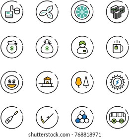 line vector icon set - tonometer vector, three leafs, lemon slice, big cash, money bag, manager, green tea, smile, bungalow, forest, sun power, chisel, scythe, billiards balls, toy bus