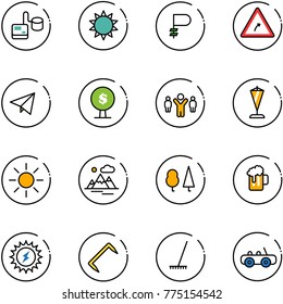 line vector icon set - tonometer vector, sun, ruble, turn right road sign, paper fly, money tree, team leader, pennant, mountains, forest, beer, power, staple, rake, toy car