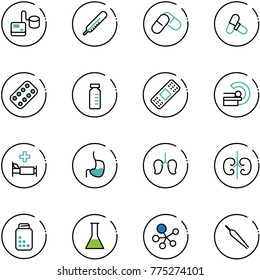 line vector icon set - tonometer vector, thermometer, pills, blister, vial, medical patch, mri, hospital bed, stomach, lungs, kidneys, bottle, flask, molecule, forceps