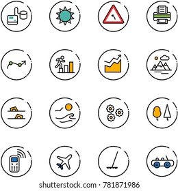 line vector icon set - tonometer vector, sun, turn left road sign, printer, chart point arrow, career, growth, mountains, flip flops, waves, flower, forest, mobile phone, plane, rake, toy car