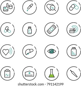 line vector icon set - tonometer vector, pipette, heart diagnosis, pills, bottle, medical patch, mri, beat, liver, eye, pulse clipboard, doctor hat, flask, forceps