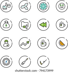 line vector icon set - tonometer vector, three leafs, lemon slice, dollar smile, money bag, shared folder, fast backward, hot tea, manager, growth arrow, green, watermelone, sun power, chisel