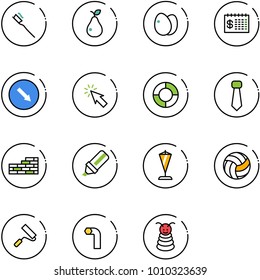 line vector icon set - tooth brush vector, pear, eggs, finance calendar, detour road sign, cursor, lifebuoy, tie, brick wall, highlight marker, pennant, volleyball, paint roller, allen key