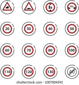line vector icon set - tractor way vector road sign, artificial unevenness, limited height, distance, speed limit 20, 30, 40, 50, 60, 70, 80, 100, 110, 120, 130, end