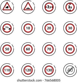 line vector icon set - tractor way vector road sign, artificial unevenness, limited width, height, distance, speed limit 10, 20, 30, 50, 60, 70, 90, 110, 120, 130, end