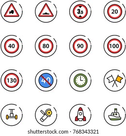 line vector icon set - tractor way vector road sign, artificial unevenness, limited height, speed limit 20, 40, 80, 90, 100, 130, end minimal, time, flags cross, gyroscope, Angular grinder, rocket