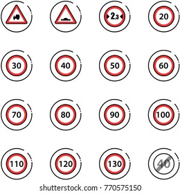 line vector icon set - tractor way vector road sign, artificial unevenness, limited width, speed limit 20, 30, 40, 50, 60, 70, 80, 90, 100, 110, 120, 130, end