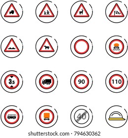 line vector icon set - tractor way vector road sign, children, wild animals, side wind, rough, cow, prohibition, no dangerous cargo, limited height, truck, speed limit 90, 110, bus, end