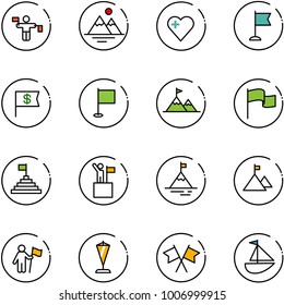 line vector icon set - traffic controller vector, mountains, heart, flag, dollar, attainment, pyramid, win, mountain, pennant, flags cross, sailboat toy
