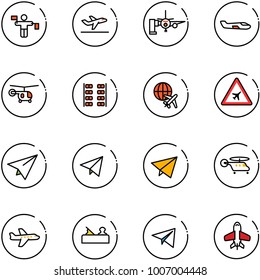 line vector icon set - traffic controller vector, departure, boarding passengers, small plane, helicopter, seats, globe, airport road sign, paper, fly, jointer, toy