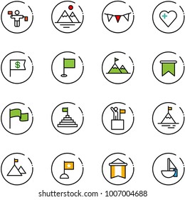 line vector icon set - traffic controller vector, mountains, flag garland, heart, dollar, attainment, pyramid, win, mountain, pennant, sailboat toy
