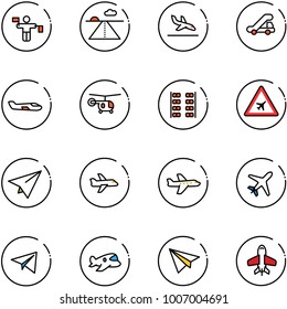 line vector icon set - traffic controller vector, runway, arrival, trap truck, small plane, helicopter, seats, airport road sign, paper, toy