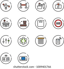 line vector icon set - traffic controller vector, vip zone, passport control, terrorism, airport building, floor scales, customs road sign, settings, gear globe, jalousie, remote, joystick wireless