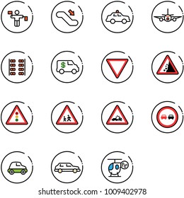 line vector icon set - traffic controller vector, escalator down, safety car, plane, seats, encashment, giving way road sign, landslide, light, children, crash, no overtake, limousine