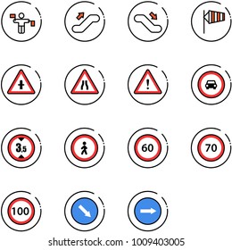 line vector icon set - traffic controller vector, escalator up, down, side wind, intersection road sign, narrows, attention, no car, limited height, pedestrian, speed limit 60, 70, 100, detour