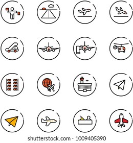 line vector icon set - traffic controller vector, runway, departure, arrival, trap truck, plane, boarding passengers, helicopter, seats, globe, airport building, paper fly, jointer, toy
