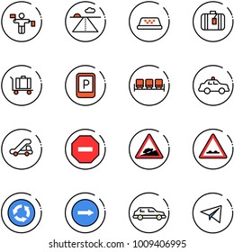 line vector icon set - traffic controller vector, runway, taxi, suitcase, baggage, parking sign, waiting area, safety car, trap truck, no way road, climb, rough, circle, only right, limousine