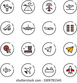 line vector icon set - traffic controller vector, runway, plane radar, departure, trap truck, small, seats, globe, airport building, paper fly, jointer, toy