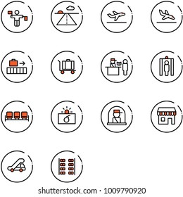 line vector icon set - traffic controller vector, runway, departure, arrival, baggage, passport control, metal detector gate, waiting area, terrorism, officer window, duty free, trap truck