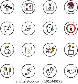 line vector icon set - traffic controller vector, elevator, terrorism, santa claus, power hand, run, medical mask, no pedestrian road sign, manager, garbage, career, win, speaker, flying man, feet