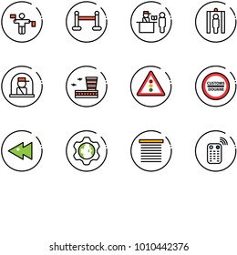 line vector icon set - traffic controller vector, vip zone, passport control, metal detector gate, officer window, airport building, light road sign, customs, fast backward, gear globe, jalousie