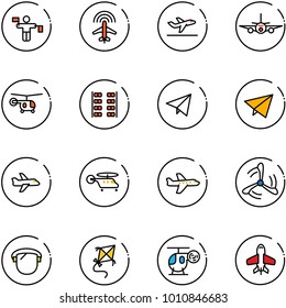 line vector icon set - traffic controller vector, plane radar, departure, helicopter, seats, paper fly, wind mill, protect glass, kite, toy