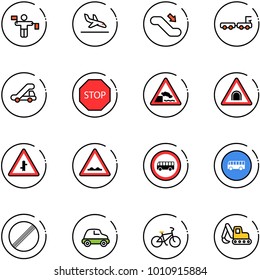 line vector icon set - traffic controller vector, arrival, escalator down, baggage truck, trap, stop road sign, embankment, tunnel, intersection, rough, no bus, limit, car, bike, excavator toy
