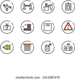 line vector icon set - traffic controller vector, vip zone, passport control, metal detector gate, terrorism, airport building, floor scales, light road sign, fast backward, jalousie, remote