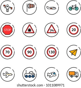 Line Vector Icon Set - Traffic Controller Vector, Side Wind, Small Plane, Bike, Stop Road Sign, Tunnel, Speed Limit 20, 70, 90, 130, Paper Fly, Moon Rover, Toy, Truck