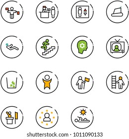 line vector icon set - traffic controller vector, passport control, elevator, treadmill, abdominal muscles, career, brain work, tv news, garbage, success, win, opportunity, speaker, star man