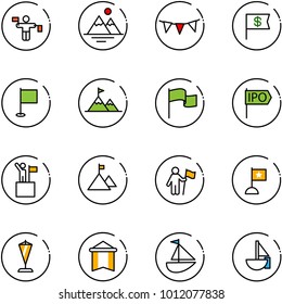 line vector icon set - traffic controller vector, mountains, flag garland, dollar, attainment, ipo, win, mountain, pennant, sailboat toy