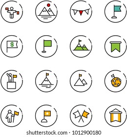 line vector icon set - traffic controller vector, mountains, flag garland, dollar, attainment, win, mountain, moon, flags cross, pennant