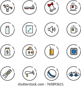 line vector icon set - traffic controller vector, baggage truck, bell, tea, vial, x ray, volume medium, green, money bag, finance management, drink, cpu, bolt cutter, dryer, ball, toy car
