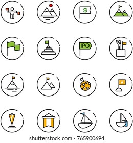 line vector icon set - traffic controller vector, mountains, dollar flag, attainment, pyramid, ipo, win, mountain, moon, pennant, sailboat toy