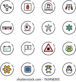 line vector icon set - traffic controller vector, male wc, officer window, garland, tea, gymnastics, ambulance star, schedule, dollar flag, tunnel road sign, group, money managemet, cpu, doll