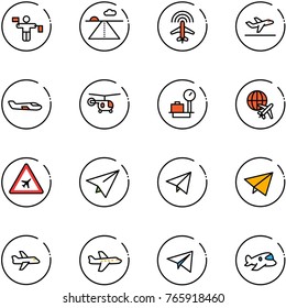 line vector icon set - traffic controller vector, runway, plane radar, departure, small, helicopter, baggage scales, globe, airport road sign, paper, fly, toy