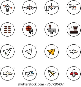 line vector icon set - traffic controller vector, plane, boarding passengers, helicopter, seats, globe, airport building, paper, fly, toy