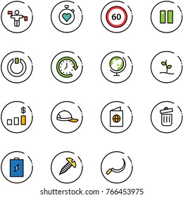 line vector icon set - traffic controller vector, stopwatch heart, speed limit 60 road sign, pause, standby, clock around, globe, sproute, dollar chart, cap, passport, trash bin, battery, screw