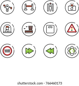 line vector icon set - traffic controller vector, vip zone, metal detector gate, terrorism, officer window, airport building, floor scales, light road sign, customs, fast forward, backward