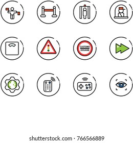 line vector icon set - traffic controller vector, vip zone, metal detector gate, officer window, floor scales, light road sign, customs, fast forward, gear globe, remote control, joystick wireless
