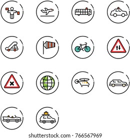 line vector icon set - traffic controller vector, departure, airport bus, safety car, trap truck, side wind, bike, oncoming road sign, railway intersection, globe, helicopter, limousine, cabrio