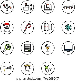 line vector icon set - traffic controller vector, passport control, officer window, baggage truck, santa claus, lollipop, ski, ambulance star, search money, agreement, drink, monitor, dryer, doll