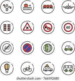 line vector icon set - traffic controller vector, baggage, waiting area, plane, seats, railway intersection road sign, no horn, speed limit 60, end, parking, globe, car, air balloon, bike, toy bus