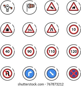 line vector icon set - traffic controller vector, side wind, multi lane road sign, tractor way, tunnel, narrows, speed limit 10, 40, 90, 110, 120, no turn back, only right, detour, stop