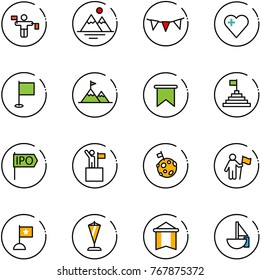 line vector icon set - traffic controller vector, mountains, flag garland, heart, attainment, pyramid, ipo, win, moon, pennant, sailboat toy