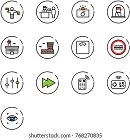 line vector icon set - traffic controller vector, passport control, terrorism, officer window, airport building, floor scales, customs road sign, settings, fast forward, remote, joystick wireless