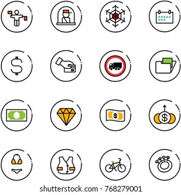 line vector icon set - traffic controller vector, officer window, snowflake, schedule, dollar sign, card pay, no truck road, folder, money, diamond, growth, swimsuit, life vest, bike, beanbag